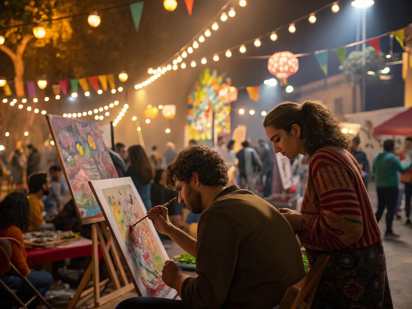 A photograph capturing the energy of the Spring Art Festival 2022, featuring artists displaying their work and attendees enjoying live performances.
