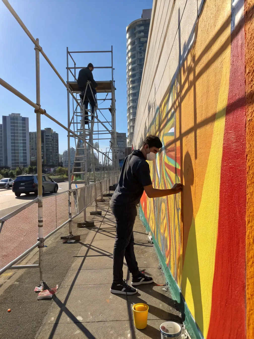 A vibrant mural on a building wall, created by local residents and artists, reflecting the community's identity and artistic expression, supported by L'ARPENTEUSE COMPAGNIE.