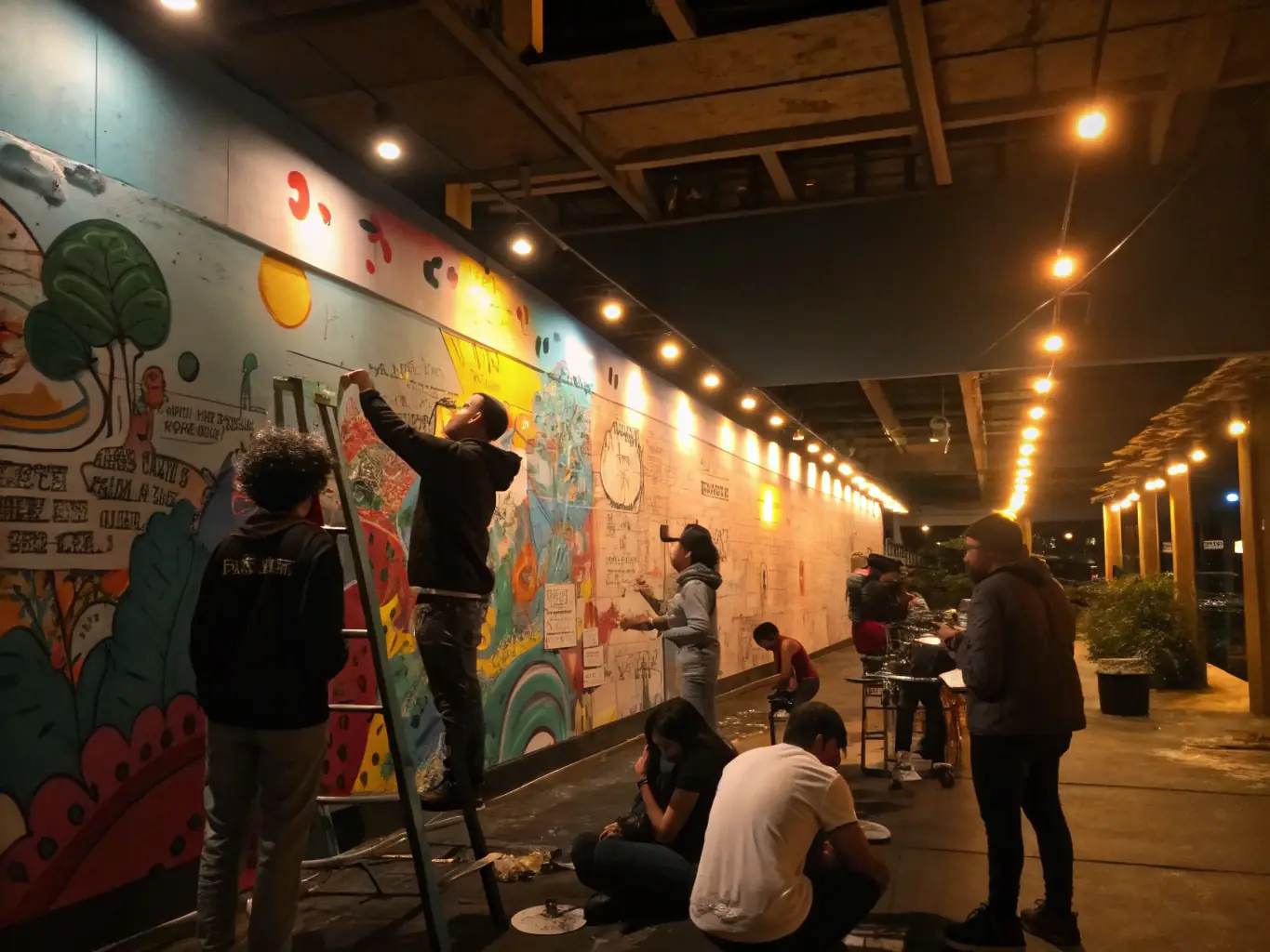 A colorful image of the Community Mural Project, showing local residents and artists collaborating to create a vibrant piece of public art on a large wall.