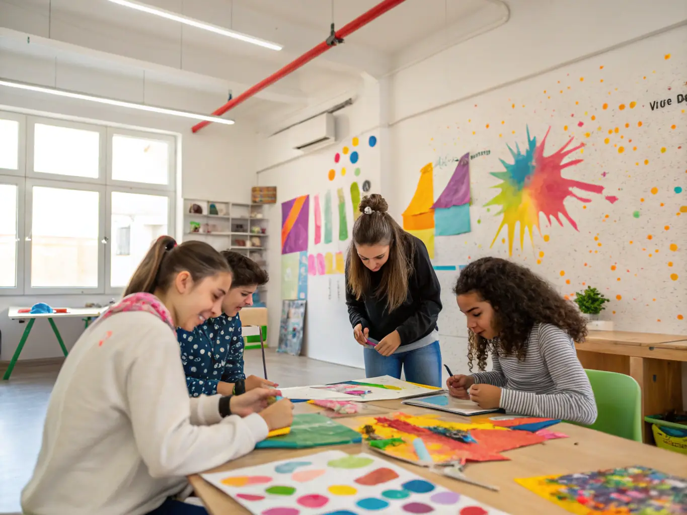 A vibrant image of participants engaged in a community art workshop, showcasing diverse age groups and artistic expressions, set in a brightly lit studio with various art supplies visible.