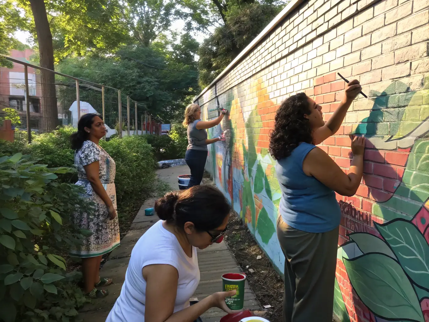 A focused image of young artists working on a collaborative mural project, showcasing their dedication and creativity, set against the backdrop of a community wall being transformed into a vibrant piece of public art.