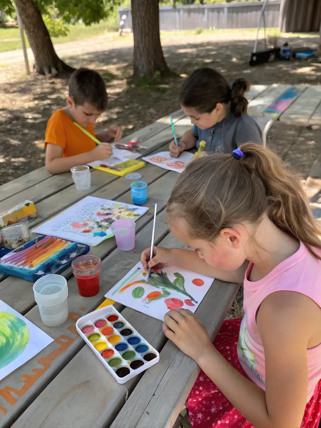 A group of children joyfully painting a large canvas during a community art workshop, showcasing the collaborative and creative environment fostered by L'ARPENTEUSE COMPAGNIE.