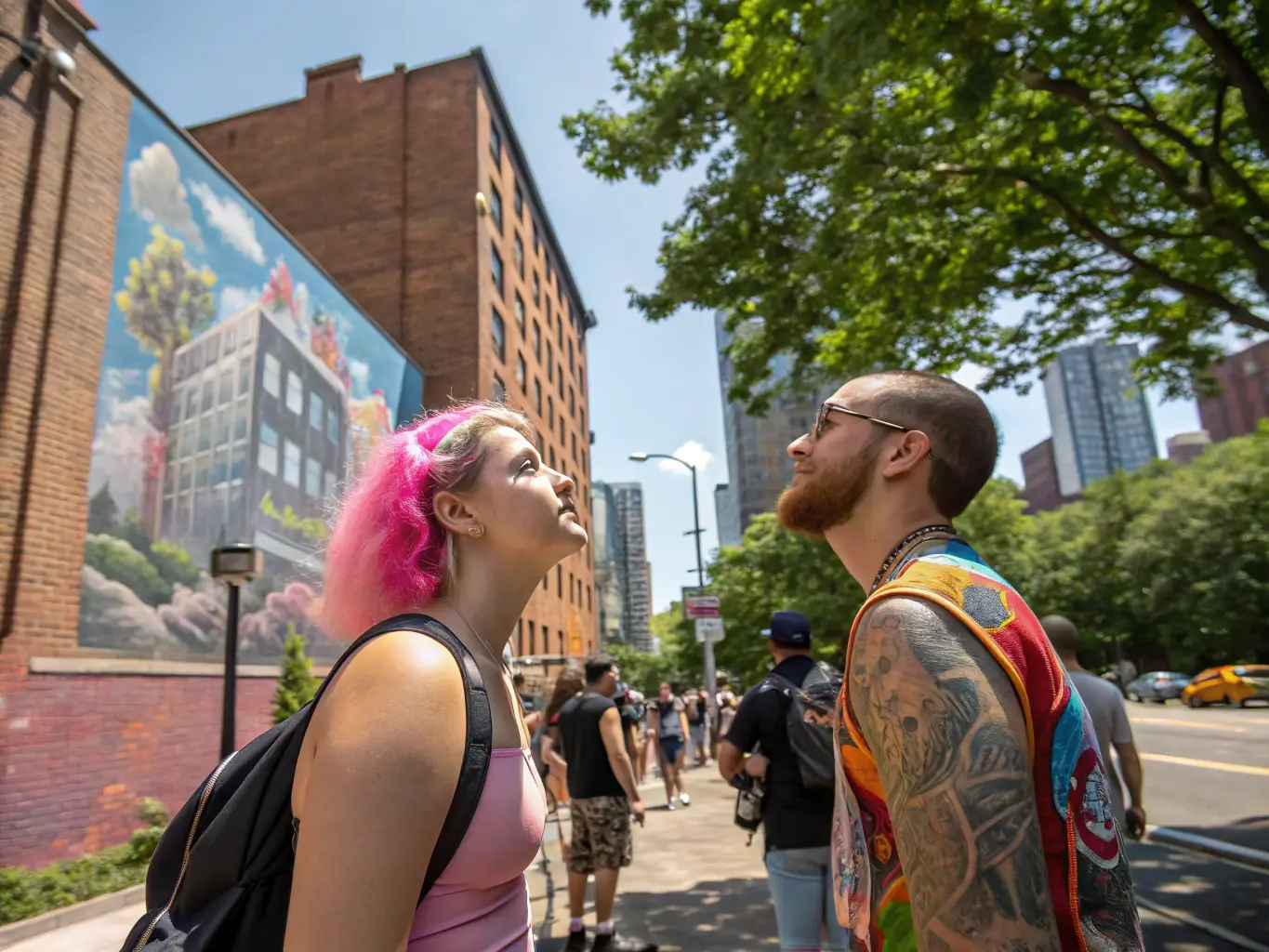 A photograph capturing the unveiling of a community mural, featuring local artists and residents proudly standing in front of their collaborative artwork, set against an urban backdrop.