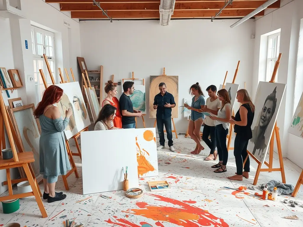 A vibrant image depicting participants engaged in a community art workshop, showcasing diverse age groups and artistic expressions, set in a brightly lit studio with various art supplies visible.