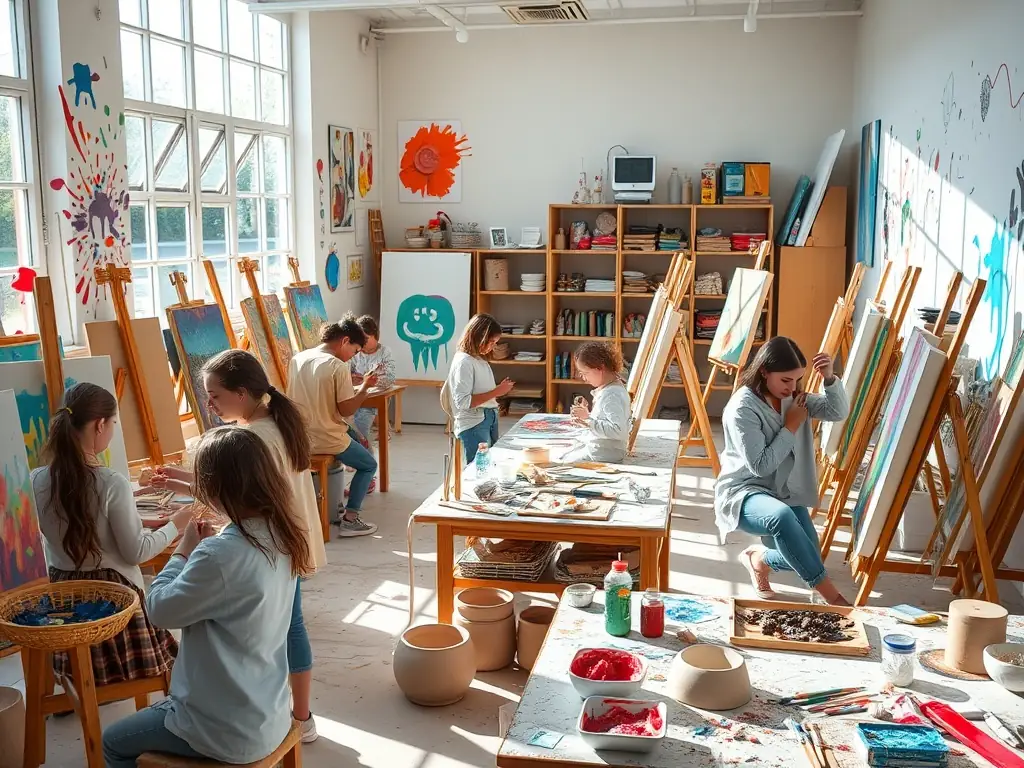 A dynamic image of young artists participating in an artistic residency program, showcasing their artwork and creative process, set in a gallery or studio environment.