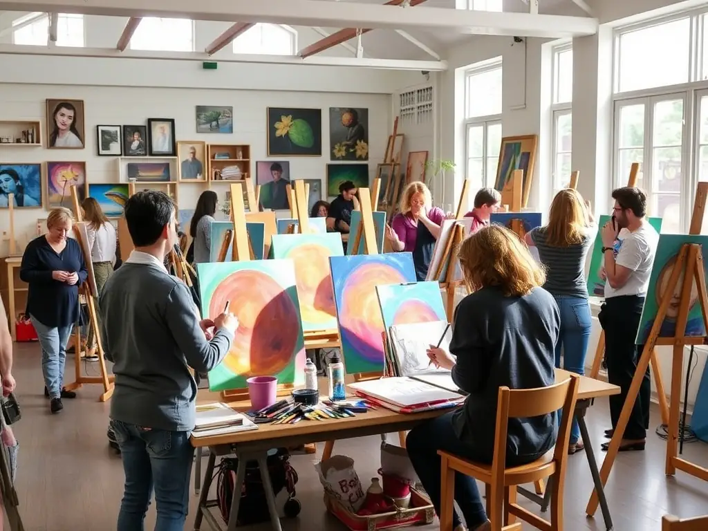 A vibrant image of diverse community members engaged in a hands-on art workshop, painting and sharing ideas in a bright, welcoming space.