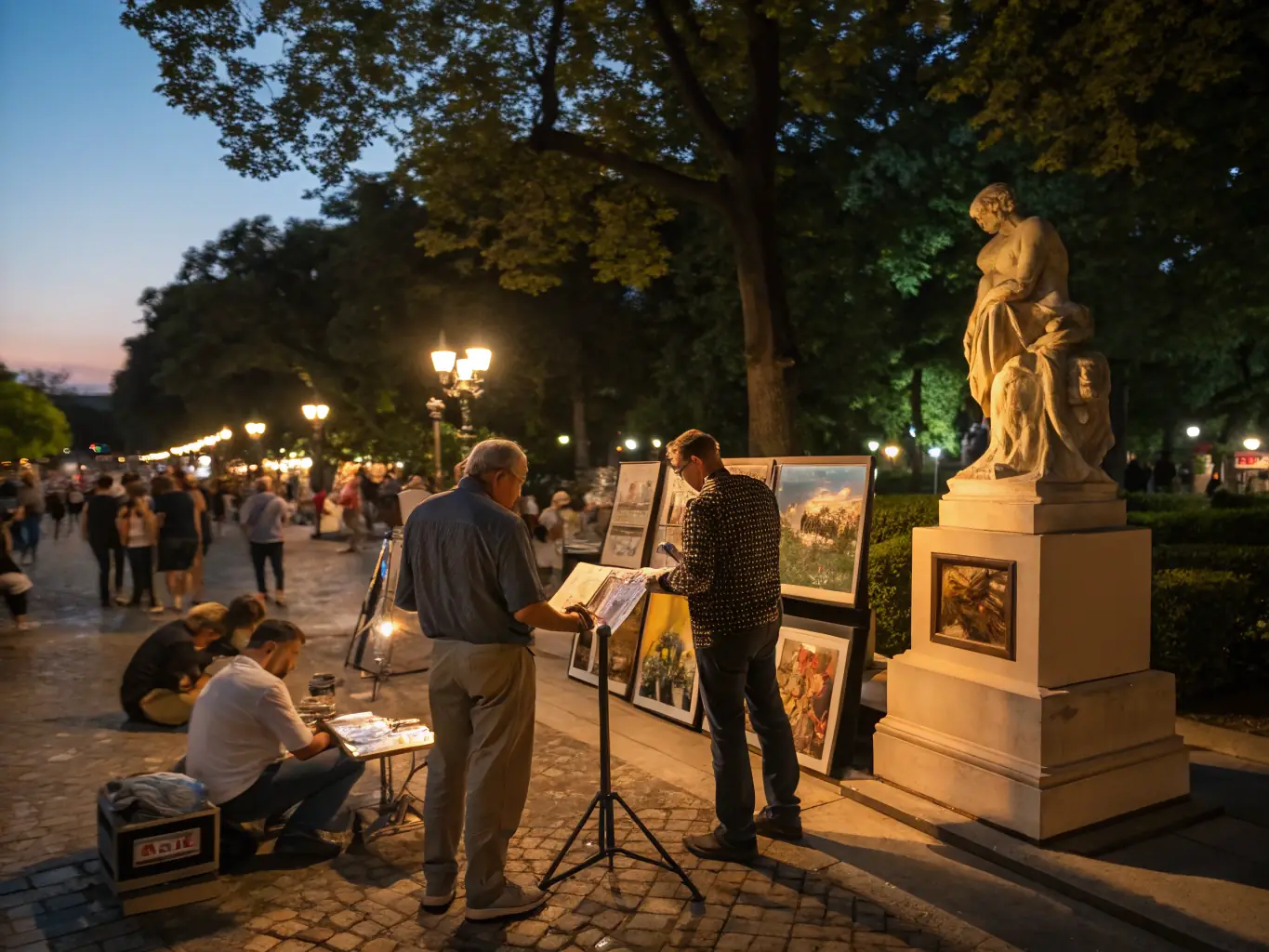 A dynamic image capturing the essence of the Spring Art Festival, featuring artists showcasing their work, live performances, and interactive art installations, set in a bustling outdoor environment.